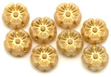 8pc 10mm Czech Pressed Glass Hawaiian Flower Beads, Almond Swirl w/Gold Wash