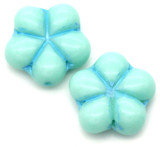 2pc 17mm Czech Pressed Glass Flower Bead, Opaque Pale Jade w/Aqua Wash