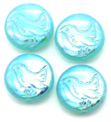 4pc 11mm Czech Pressed Glass Bird Coin Beads, Aqua Opal w/AB