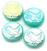 4pc 11mm Czech Pressed Glass Bird Coin Beads, Striated Turquoise w/AB