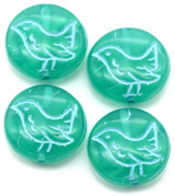 4pc 11mm Czech Pressed Glass Bird Coin Beads, Sea Green Opal w/Aqua Wash