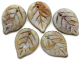 5pc 18x13mm Czech Pressed Glass Top-Drilled Leaf Beads, Matte Chalk White w/Lazure Blue Luster