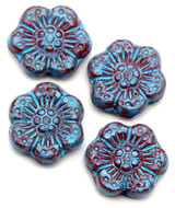 4pc 14mm Czech Pressed Glass Boho Flower Beads, Striated Crystal & Coral Red w/Pebbled Turquoise Wash