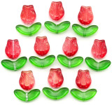 10 Sets (20pc) 10x8mm Glass Tulip Flowers and 14x6mm Glass Leaves, Green/Red w/Gold Shimmer
