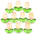 10 Sets (20pc) 10x8mm Glass Tulip Flowers and 14x6mm Glass Leaves, Green/Pink