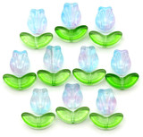 10 Sets (20pc) 10x8mm Pink-Blue Ombre Glass Tulip Flowers and 14x6mm Green Glass Leaves