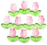10 Sets (20pc) 10x8mm Pink Ombre Shimmer Glass Tulip Flowers and 14x6mm Green Glass Leaves