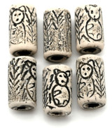 6pc 11x18mm Ivory & Black Porcelain Cylinder Beads with Animal Design
