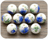 10pc 10mm Porcelain Floral Printed Round Beads, White w/Dark Blue