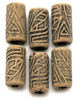 6pc 10.5x19mm Almond & Black Porcelain Cylinder Beads with Geometric Leaf Design
