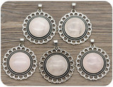 38x35mm Rose Quartz Filigree Round Pendant, Antique Silver