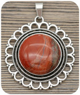 38x35mm Red Jasper Filigree Round Pendant, Antique Silver