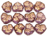12pc 13x11mm Czech Pressed Glass Maple Leaf Beads, Crystal Violet-Gold Luster