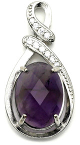 38x19mm Swirled Brass & Rhinestone Pendant w/Faceted Amethyst Oval, Silver