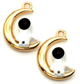 2pc 22x15mm Enameled Astronaut Sitting on Crescent Moon Charm, Gold