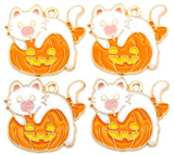 4pc 25x27mm Enameled Cat w/Lollipop on Jack-O'-Lantern Halloween Charms