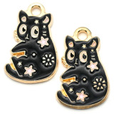 2pc 20x12mm Enameled Kitty w/Stars Halloween Charms, Gold
