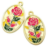 2pc 28x17mm Enameled Rose Oval Pendant, Pink/Green/Gold