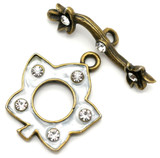 23mm (27mm Bar) Enameled Maple Leaf & Vine Toggle Clasp w/Rhinestones, White & Antique Bronze