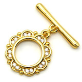 16.5x14.5mm (18.5mm Bar) Brass & Cubic Zirconia Scalloped Round Toggle Clasp, Gold