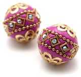 2pc 19mm Ornate Clay & Metal Round Kashmiri Bead, Deep Rose & Gold