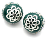 2pc 19mm Ornate Clay & Metal Round Kashmiri Beads, Teal & Silver