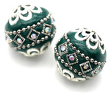 2pc 19mm Ornate Clay & Metal Round Kashmiri Beads, Teal & Silver