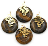 Approx. 30mm Tigereye Donut Pendant w/18K Gold-Plated Stainless Steel Leafy Bail