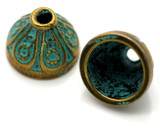 10pc 10x7mm Patterned Cone Bead Caps, Antique Bronze/Turquoise Patina