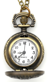 40x26mm Antique-Style 4-Petal Round Pocket Watch Pendant w/Chain, Antique Bronze