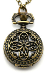 40x26mm Antique-Style 4-Petal Floral Round Pocket Watch Pendant w/Chain, Antique Bronze