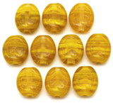 10pc 10x9mm Czech Pressed Glass Flat Oval Beads, Vintage Yellow w/White Swirl
