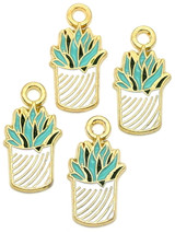 4pc 21x11mm Enameled Potted Succulent Charm, Gold/White/Turquoise