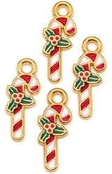 4pc 20x8mm Enameled Christmas Candy Cane w/Holly Charms, Gold