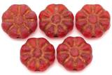 5pc 12mm Czech Pressed Glass Sunflower Beads, Etched Transparent Red w/Rose Gold Wash