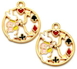 2pc 23x20mm Enameled Wonderland Rabbit in Clock Round Pendants, Gold
