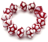 6.5" (12pc) Strand 16x10mm Lampwork Glass Rondelle Beads, Patterned Red w/White