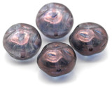4pc 14x10mm Czech Pressed Glass Dimpled-Puffed Coin Beads, Crystal w/Lila Vega