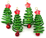 4pc 42x15mm Wire & Crystal Christmas Tree Pendant w/Bell, Green & Red