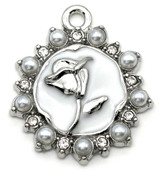 20x18mm Enameled Floral Round Pendant w/Faux Pearls & Rhinestones, Silver/White