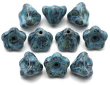 10pc 6x8mm Czech Pressed Glass Bell Flower Beads, Jet  w/Picasso & Pebbled Turquoise