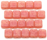 20pc 6mm Czech Pressed Glass Square Tile Beads, Pink Opal��w/Pebbled Beige