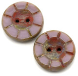 2pc 14mm Czech Table-Cut Glass 2-Hole Button Beads, Opaque Lavender w/Travertine