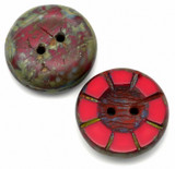 2pc 14mm Czech Table-Cut Glass 2-Hole Button Beads, Opaque Coral Red w/Travertine