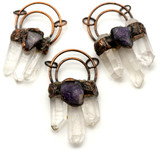 Approx. 55-63mm Quartz Crystal Multi Rough Point Pendant with Amethyst, Antique Copper