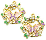 2pc 30x28mm Enameled Floral Wreath w/Butterfly Pendants, Gold/Pink/White