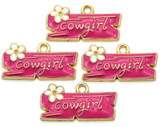 4pc 12x23mm Enameled "cowgirl" Sign Charms, Gold/Pink