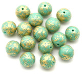 16pc 8mm Czech Pressed Glass Druk Round Beads, Opaque Turquoise/Gold Splash