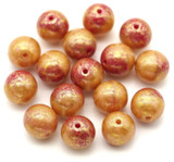 16pc 8mm Czech Pressed Glass Druk Round Beads, Pale Pink Opal & Red Opal w/Gold Shimmer