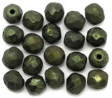 20pc 6mm Czech Fire-Polished Glass Faceted Round Beads, Etched Jet w/Green Gold Luster